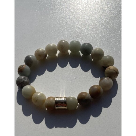Jade MultiColor Jade Gray Cream Brown Stone Round Bead Bracelet Size 6.5 - Picture 2 of 14